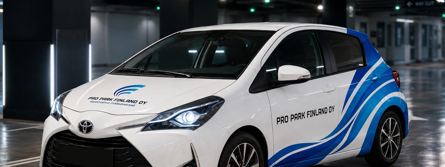 Pro Park Finlandin valvonta-auto modernissa pysäköintihallissa