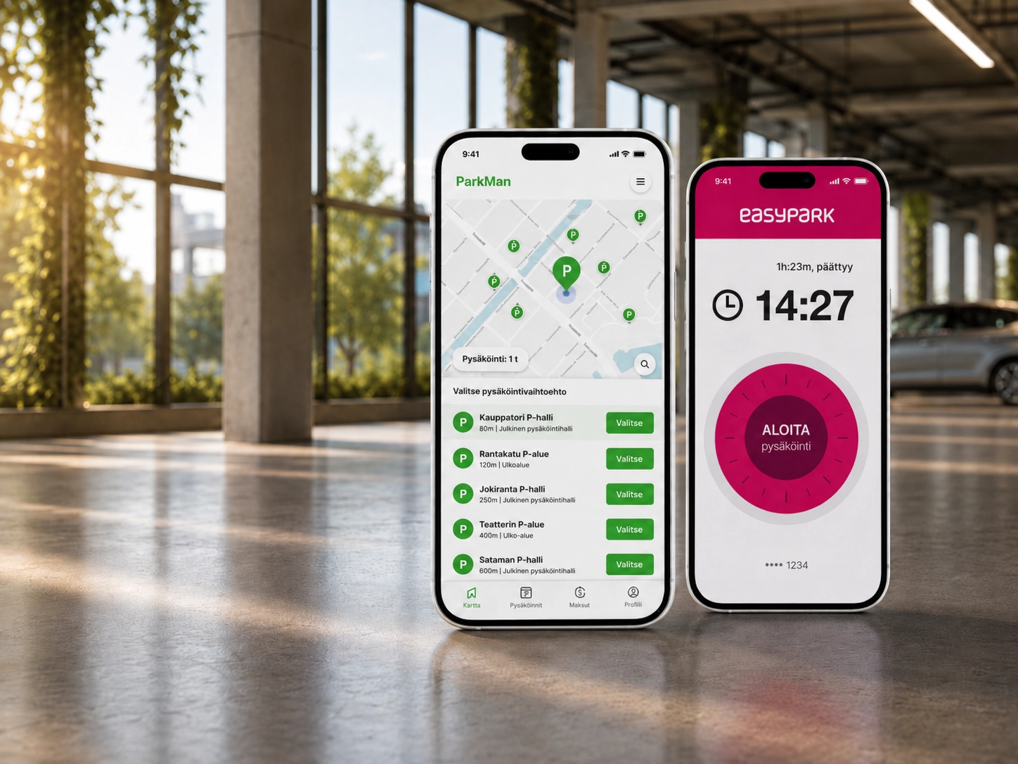 Pysäköinnin maksaminen mobiilisovelluksilla